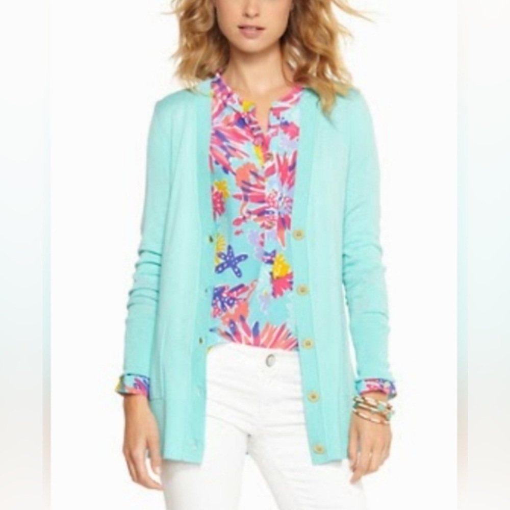 Lily Pulitzer Heidi V-Neck Gold Tone Button Cardigan Wool Blend Sweater